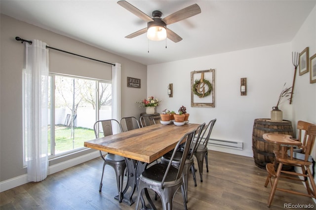 50 S Dickson St, Keenesburg, CO 80643 - dining space featuring ceiling fan, wood finished floors, baseboards, and a baseboard radiator