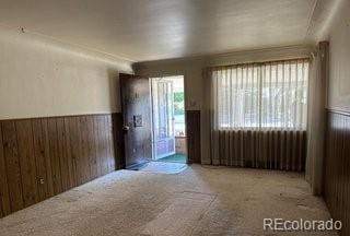 carpeted spare room with wood walls