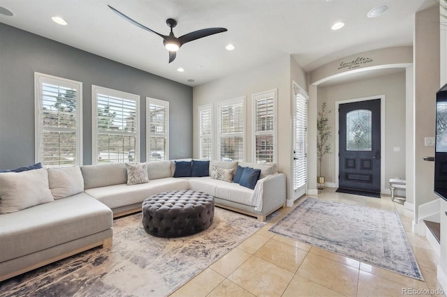 living room with recessed lighting, ceiling fan, and light tile patterned flooring