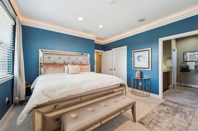 bedroom featuring baseboards, ornamental molding, multiple windows, and carpet flooring