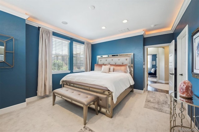 bedroom featuring light colored carpet, visible vents, baseboards, ornamental molding, and recessed lighting