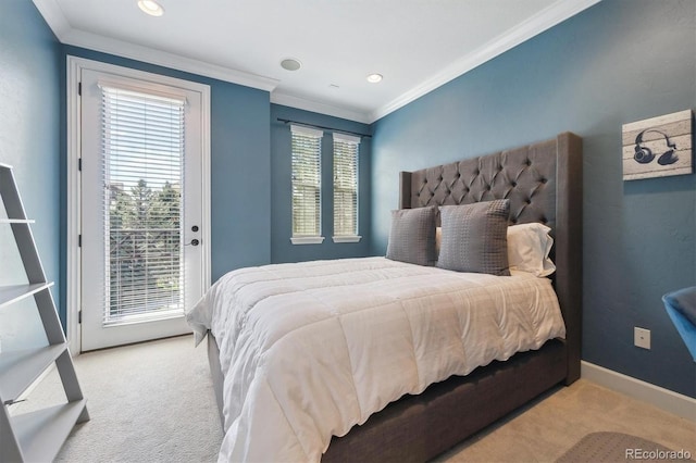 bedroom featuring crown molding, baseboards, access to exterior, and carpet