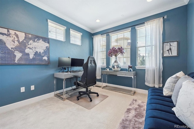 office area with baseboards, ornamental molding, and carpet flooring