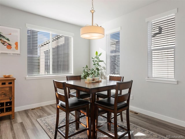 dining space with hardwood / wood-style floors and a healthy amount of sunlight