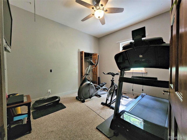 83 Wilderness Cornerstone Rd, Evergreen, CO 80439 - workout room with carpet floors, ceiling fan, and baseboards