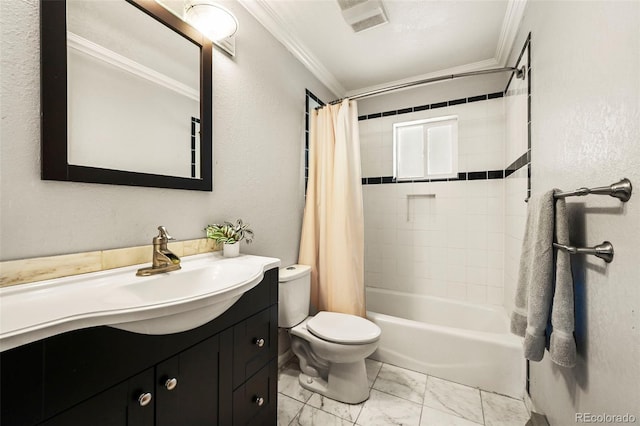 8386 S Davco Dr, Morrison, CO 80465 - full bath featuring ornamental molding, vanity, toilet, shower / bath combo with shower curtain, and marble finish flooring