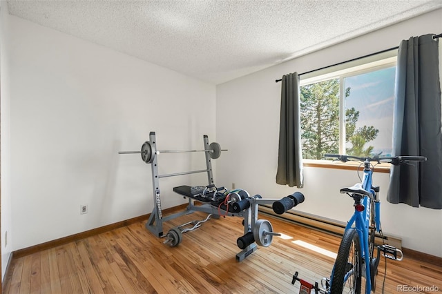 8386 S Davco Dr, Morrison, CO 80465 - workout room featuring wood-type flooring, a textured ceiling, and baseboards