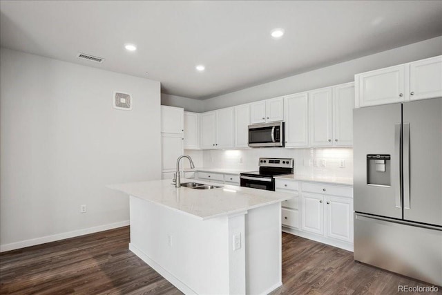 kitchen with a sink, white cabinetry, visible vents, and appliances with stainless steel finishes