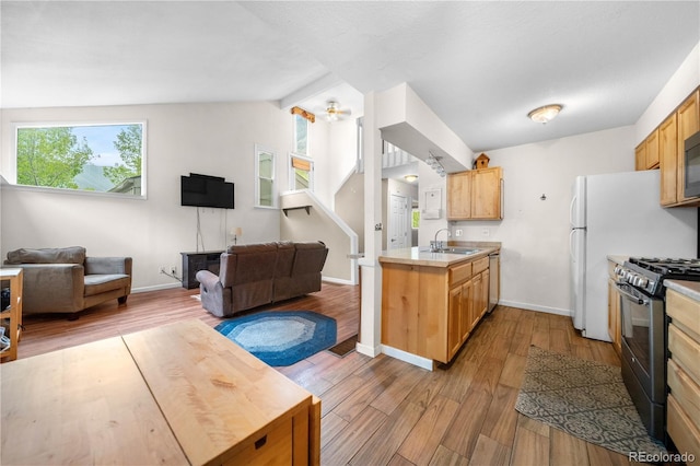 1777 Main St, Georgetown, CO 80444 - kitchen with appliances with stainless steel finishes, a sink, open floor plan, a peninsula, and vaulted ceiling