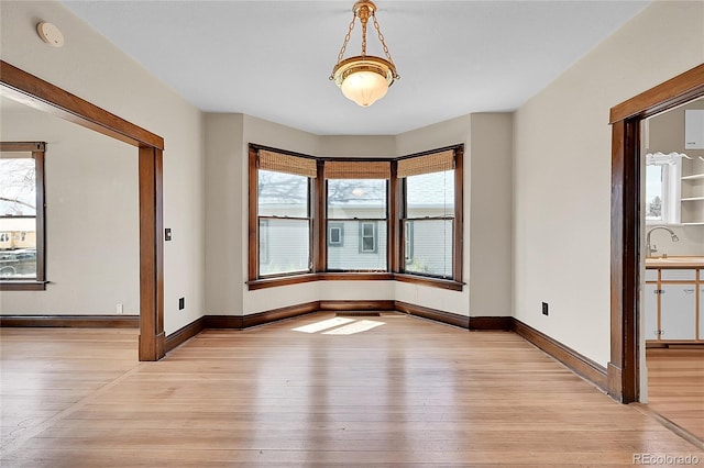 empty room featuring light wood-style floors, plenty of natural light, and baseboards