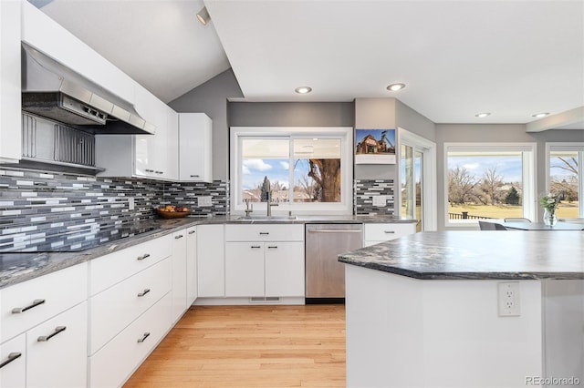 kitchen with black electric stovetop, under cabinet range hood, stainless steel dishwasher, light wood-style floors, and a sink