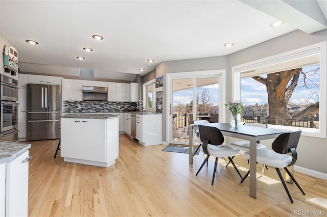 kitchen featuring a center island, stainless steel appliances, white cabinets, light wood finished floors, and decorative backsplash