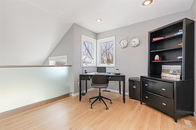 office with recessed lighting, light wood-style floors, and baseboards