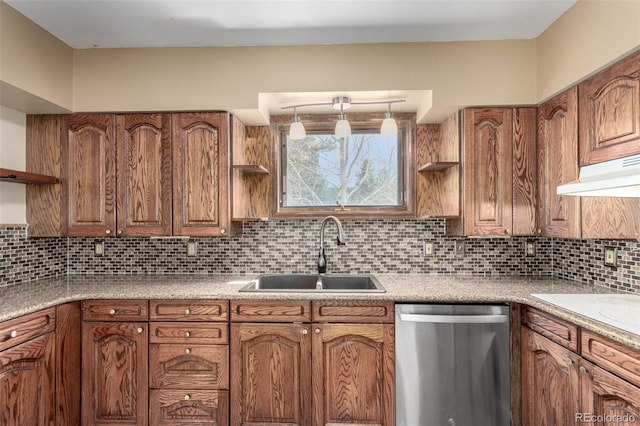116 Schooley Rd, Bailey, CO 80421 - kitchen featuring dishwasher, brown cabinetry, open shelves, and tasteful backsplash