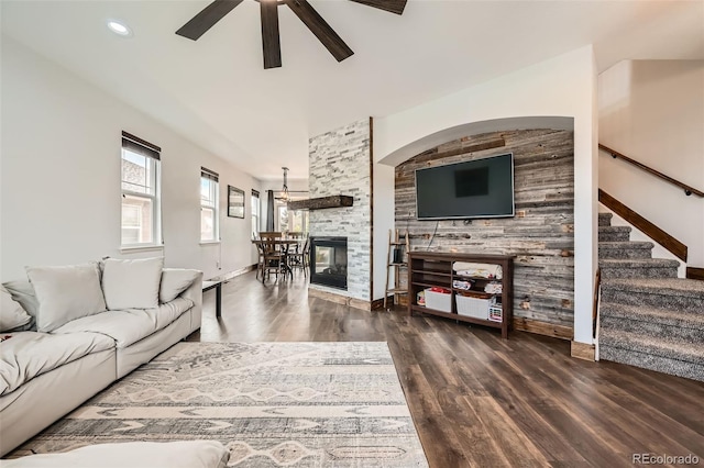 350 N Langdale Ct, Aurora, CO 80018 - living room featuring a ceiling fan, wood finished floors, stairway, baseboards, and recessed lighting