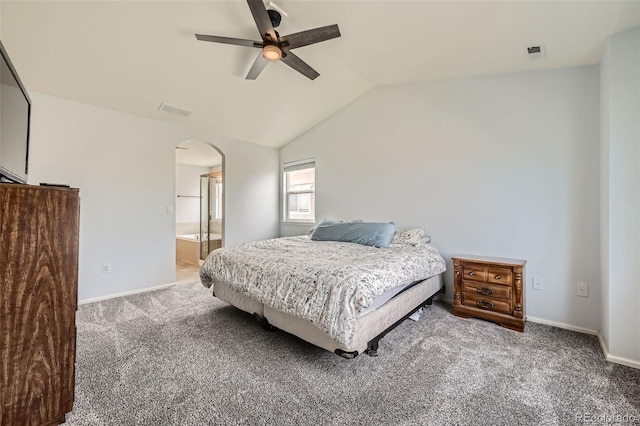 350 N Langdale Ct, Aurora, CO 80018 - carpeted bedroom featuring arched walkways, lofted ceiling, baseboards, ceiling fan, and ensuite bathroom