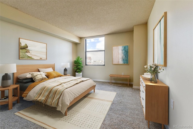 bedroom featuring light colored carpet, a textured ceiling, and baseboards