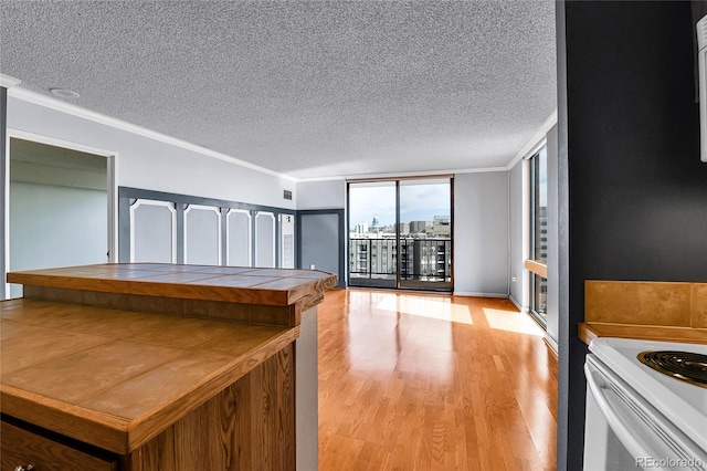 kitchen with light wood-type flooring, ornamental molding, expansive windows, a textured ceiling, and tile counters