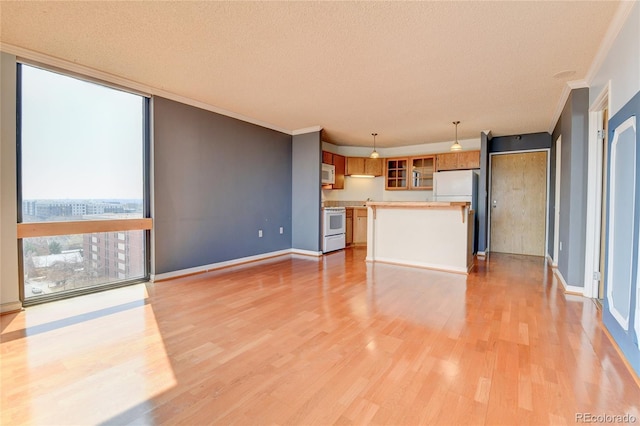 unfurnished living room featuring floor to ceiling windows, a textured ceiling, light wood-style floors, and ornamental molding