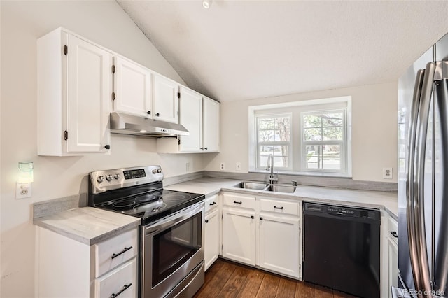 9713 W Chatfield Ave Unit H, Littleton, CO 80128 - kitchen with stainless steel appliances, under cabinet range hood, vaulted ceiling, light countertops, and white cabinets