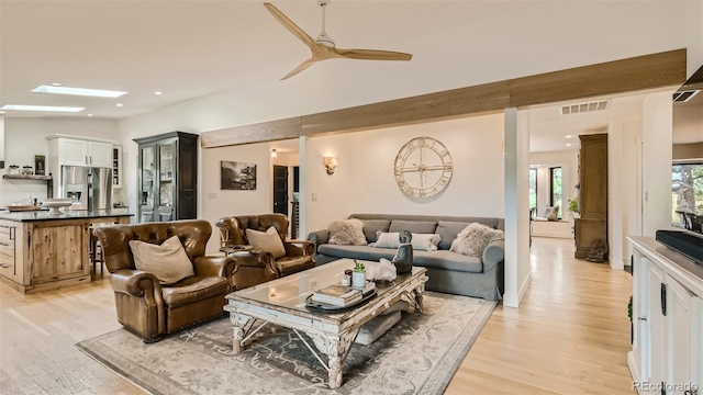 2231 Meadow Green Cir, Franktown, CO 80116 - living room featuring light wood-type flooring, ceiling fan, recessed lighting, and a skylight