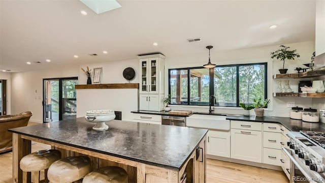 2231 Meadow Green Cir, Franktown, CO 80116 - kitchen with appliances with stainless steel finishes, dark countertops, plenty of natural light, open shelves, and recessed lighting