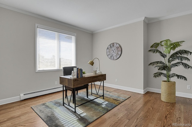 office featuring ornamental molding, baseboard heating, and wood finished floors