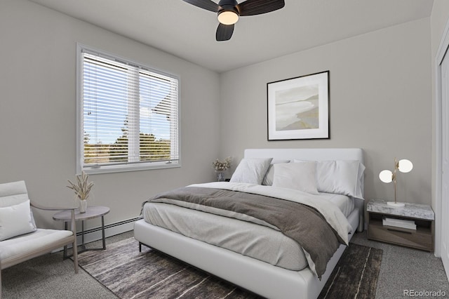 bedroom with dark colored carpet, ceiling fan, and a baseboard radiator