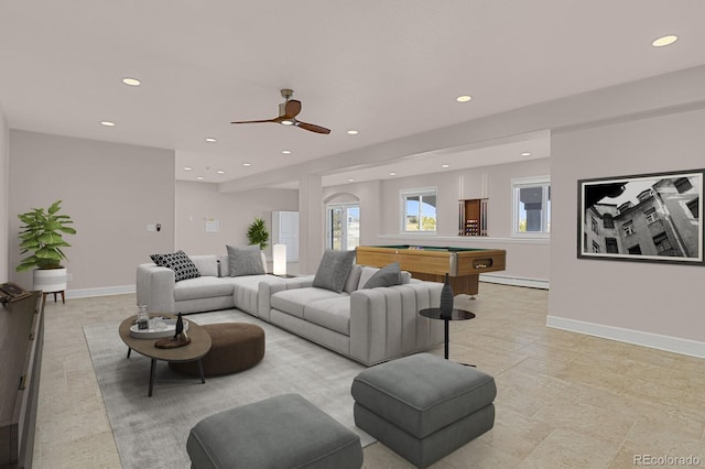 living room with a baseboard heating unit, recessed lighting, pool table, and baseboards