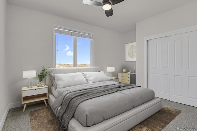 bedroom featuring carpet flooring, ceiling fan, and a closet