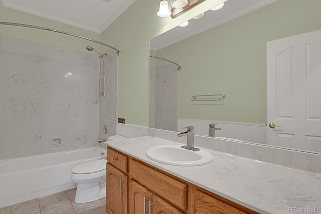 full bathroom with tub / shower combination, tile patterned floors, crown molding, toilet, and vanity