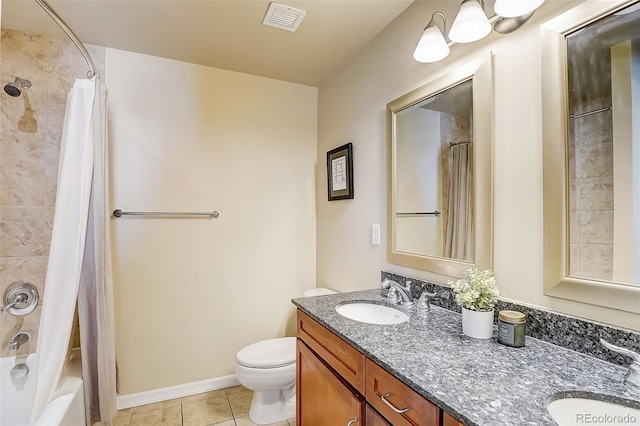 1975 Grant St Unit 501, Denver, CO 80203 - full bath with double vanity, tile patterned floors, and shower / bathtub combination with curtain