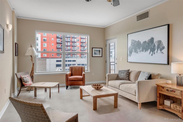1975 Grant St Unit 501, Denver, CO 80203 - living area featuring crown molding and ceiling fan