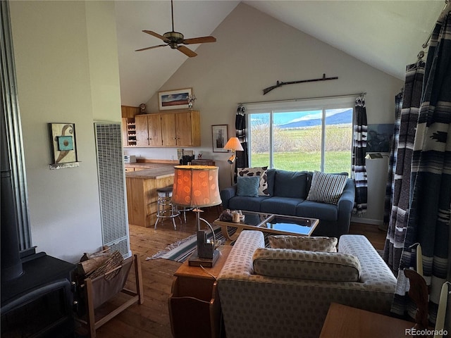 700 County Road 150, Westcliffe, CO 81252 - living area featuring a heating unit, dark wood-style floors, high vaulted ceiling, and ceiling fan