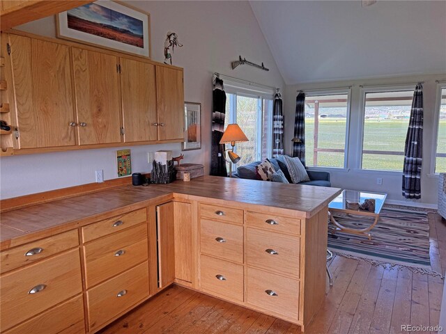 700 County Road 150, Westcliffe, CO 81252 - kitchen with light wood finished floors, vaulted ceiling, a peninsula, and open floor plan