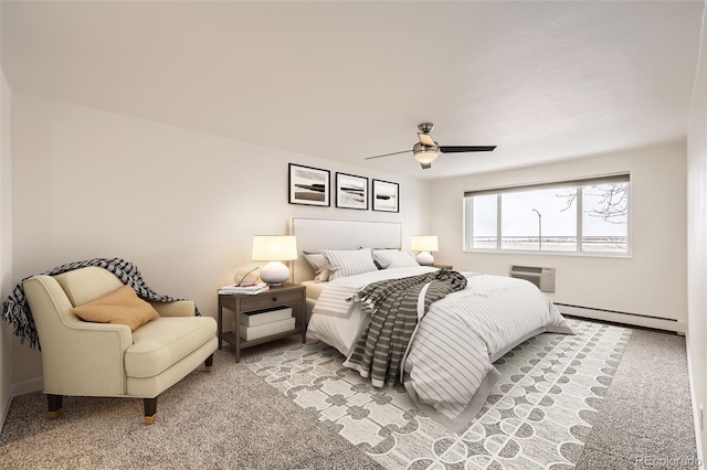 bedroom featuring a ceiling fan, an AC wall unit, carpet flooring, and baseboard heating