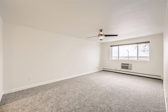 carpeted empty room with a baseboard radiator, a wall mounted air conditioner, ceiling fan, and baseboards