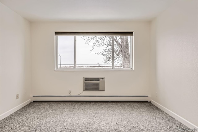 carpeted empty room with baseboards, baseboard heating, and a wall mounted AC