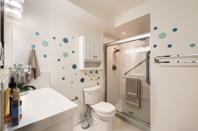 full bath with tile patterned flooring, a shower stall, and toilet