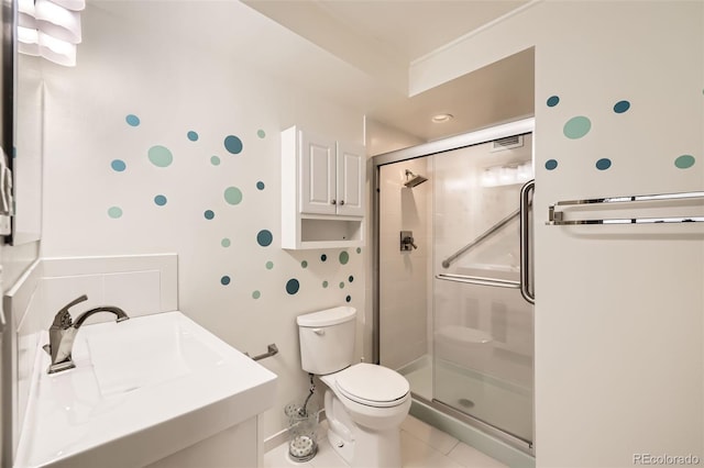 full bath with a stall shower, tile patterned flooring, a sink, and toilet