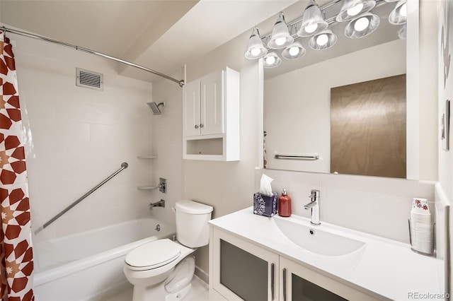 full bathroom featuring visible vents, shower / bathtub combination with curtain, toilet, and vanity