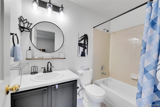 full bath featuring shower / tub combo with curtain, vanity, and toilet