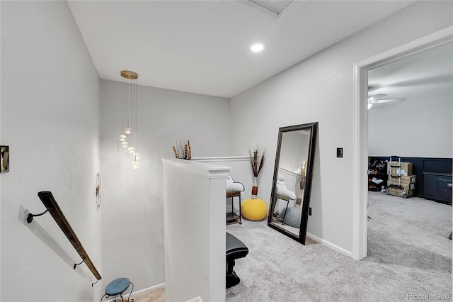 carpeted office featuring ceiling fan, baseboards, and recessed lighting