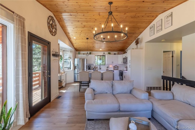 51 Schooley Rd, Bailey, CO 80421 - living room featuring wooden ceiling, a chandelier, light wood finished floors, and high vaulted ceiling