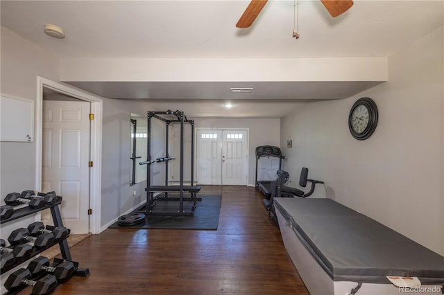 51 Schooley Rd, Bailey, CO 80421 - exercise room with wood finished floors, a ceiling fan, and french doors