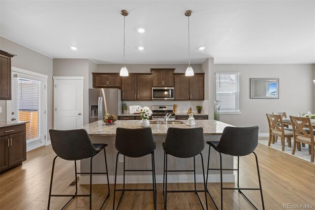 kitchen with stainless steel appliances, dark brown cabinets, light wood-style floors, plenty of natural light, and recessed lighting