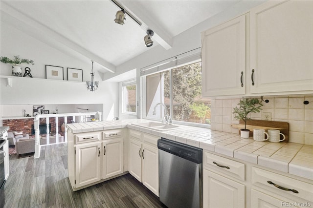 kitchen featuring stainless steel dishwasher, a sink, dark wood-style floors, vaulted ceiling, and decorative backsplash