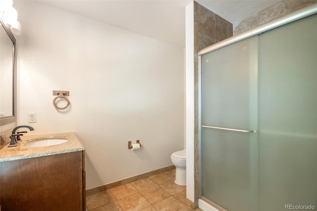7732 Xavier Ct, Westminster, CO 80030 - bathroom with vanity, a shower stall, toilet, and baseboards