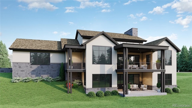 back of house with a patio, a lawn, and a balcony