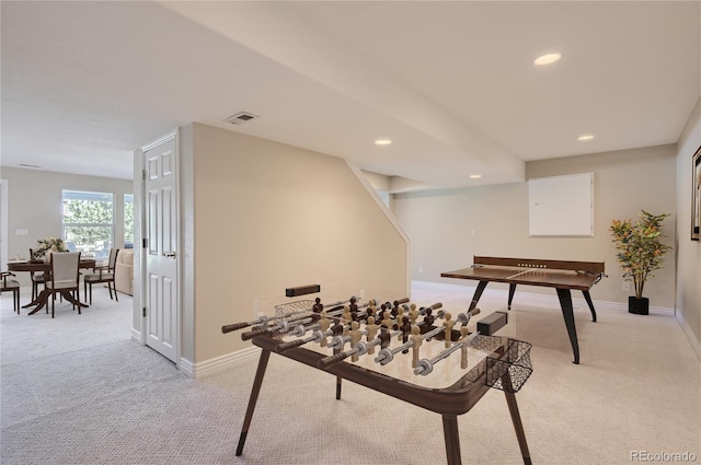 game room with light colored carpet, baseboards, and recessed lighting